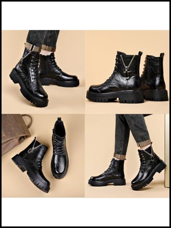 Genuine Leather Platform Combat Boots Lace Up Side Zipper Lug Sole Non-Slip main image 4